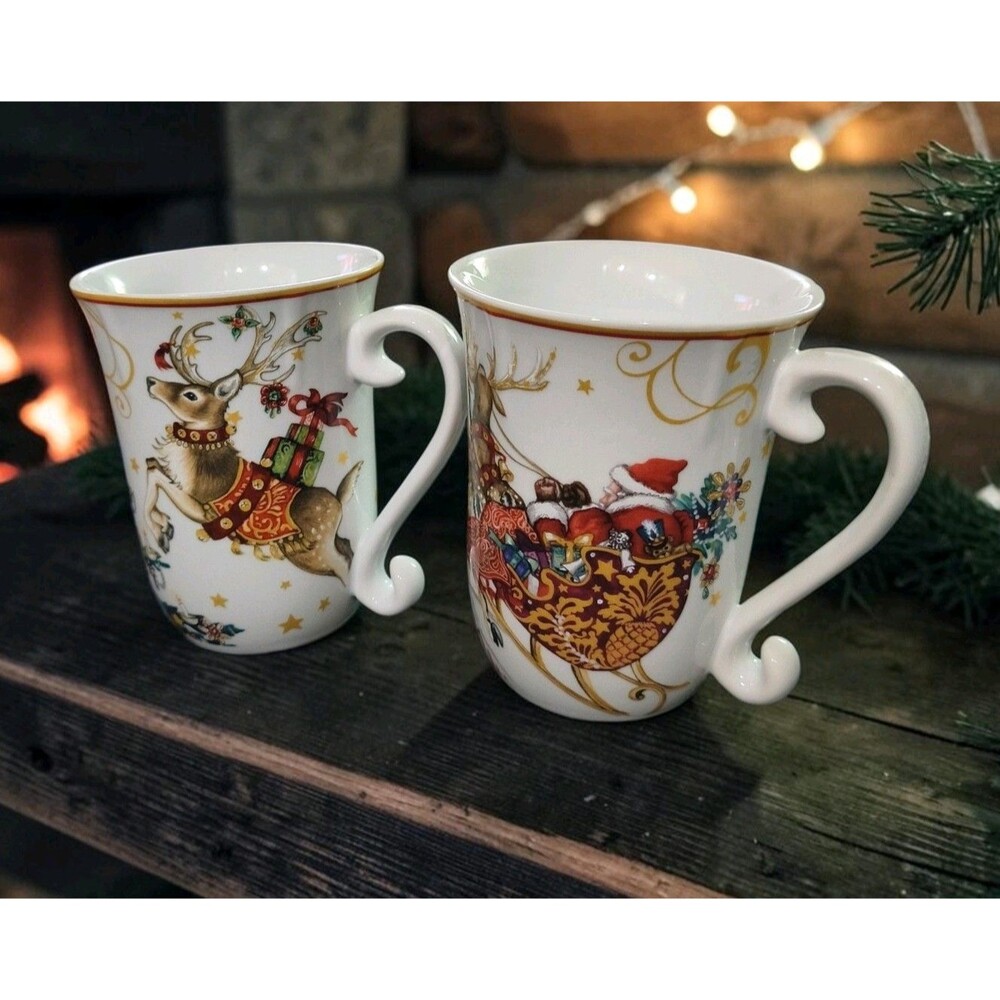 Williams Sonoma Twas The Night Before Christmas Mugs Reindeer & Sleigh Set of 2